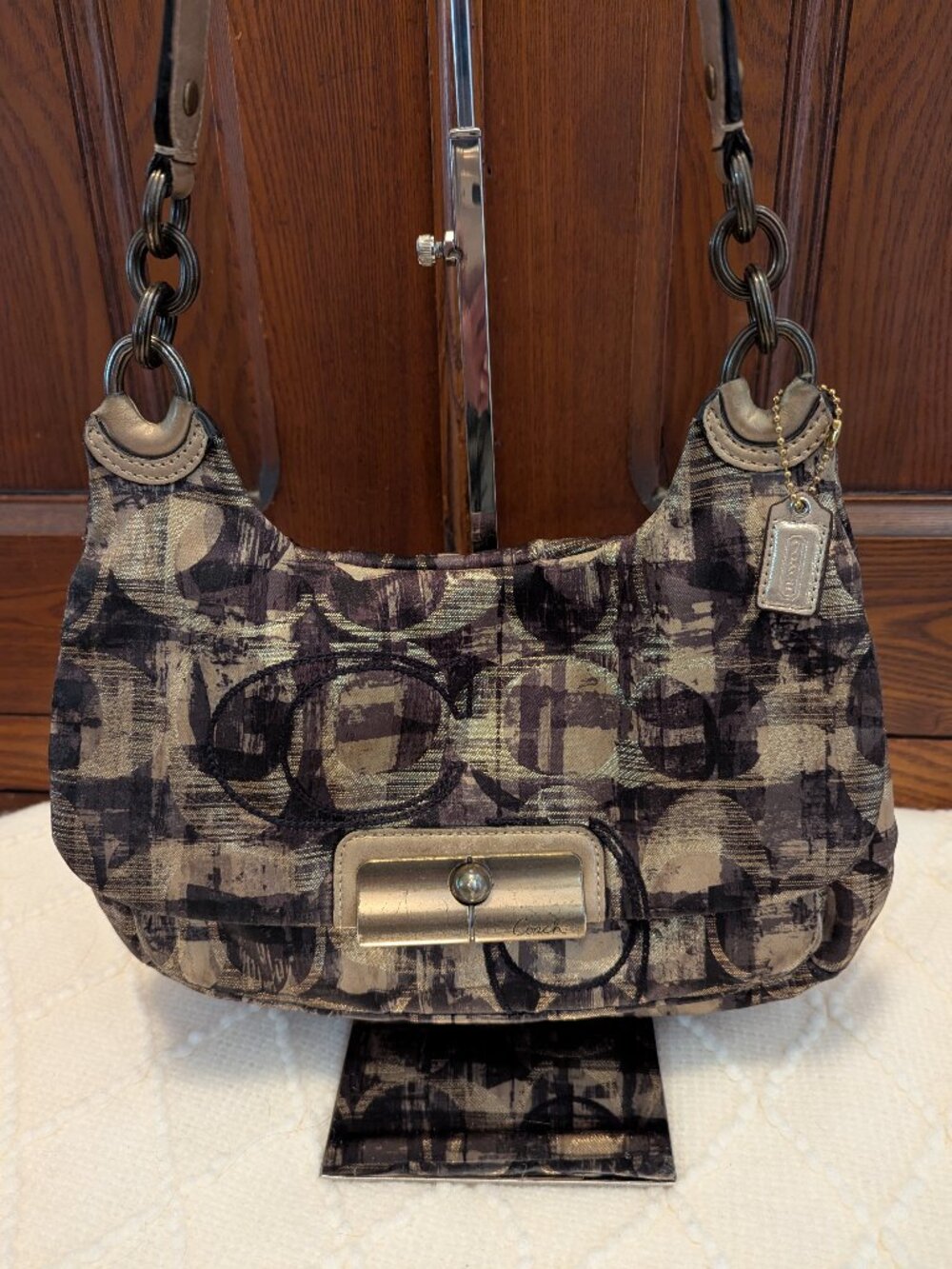 Coach Womens Black/Gold Canvas Abstract Signature Print Crossbody Hobo Bag